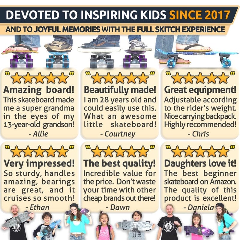 SKITCH Complete Skate Board for Kids 8-12 4-6-8-10 6-12 Year Old Beginner Girls Children Gift Set 22 Inch Penny Board Mini Cruiser Bearing Pink Skateboards Backpack Skate Tool (Purple Galaxy LED+) - Image 5